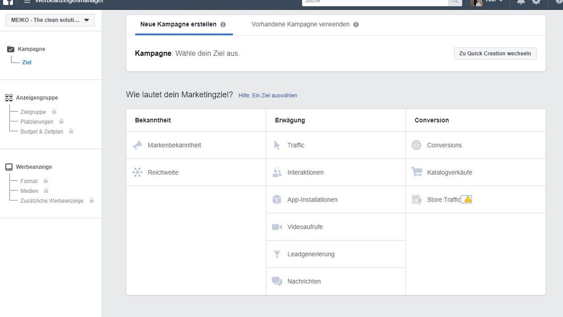 FB Ads erstellen -  erstens Ziel auswählen