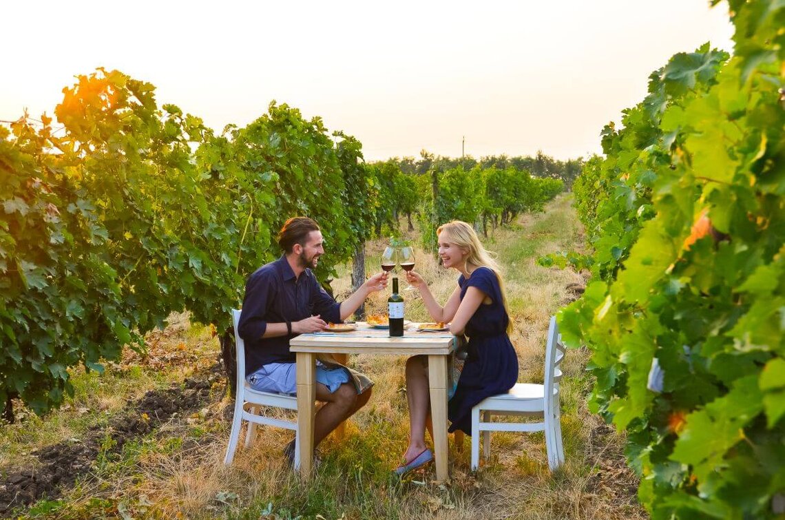 Giovane coppia in un vigneto