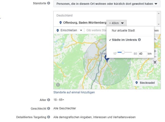 FB Ads erstellen - drittens Zielgruppe nach Ort festlegen
