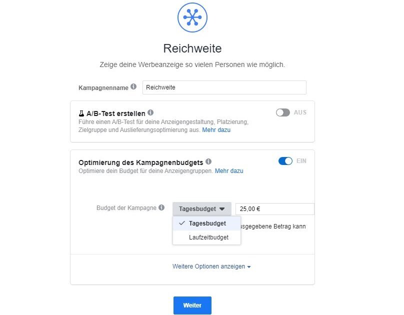 FB Ads erstellen - zweitens Tages- oder Laufzeitbudget festlegen