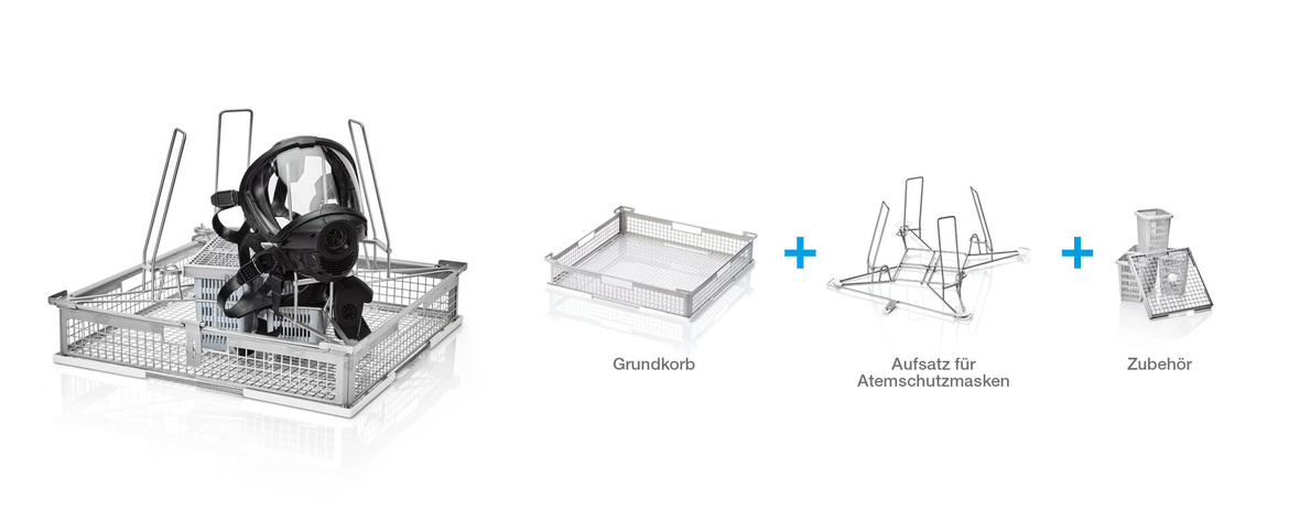 Korb für Atemschutzmasken mit Maskenaufsatz und Kleinteilekorb